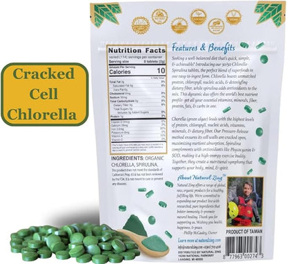 NaturalZing 100% Pure Chlorella/Spirulina Tablets | 1000 250mg Tablets | 60 Servings | 60% Protein | Vegan Protein | Omega 3s | Alkaline | Chlorophyll | Cracked Cell | Grown with Sunlight | Taiwanese