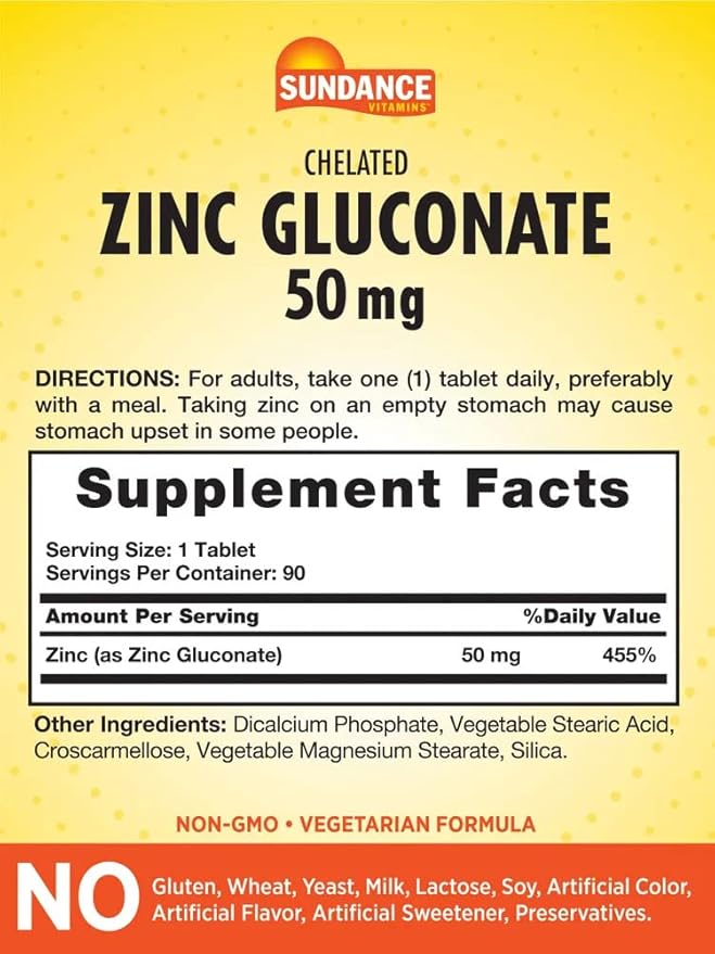 Sundance Zinc Gluconate 50mg | 90 Tablets | Chelated Essential Mineral | Vegetarian, Non-GMO, and Gluten Free Supplement