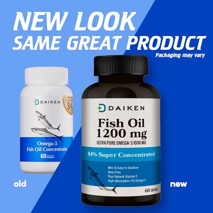 DAIKEN rTG Omega 3 1000mg, High Absorption & Burpless Fish Oil 1200 mg, Mini Fish Oil Softgels for Healthy Heart, Brain and Dry Eyes Support, 60 Small Softgels
