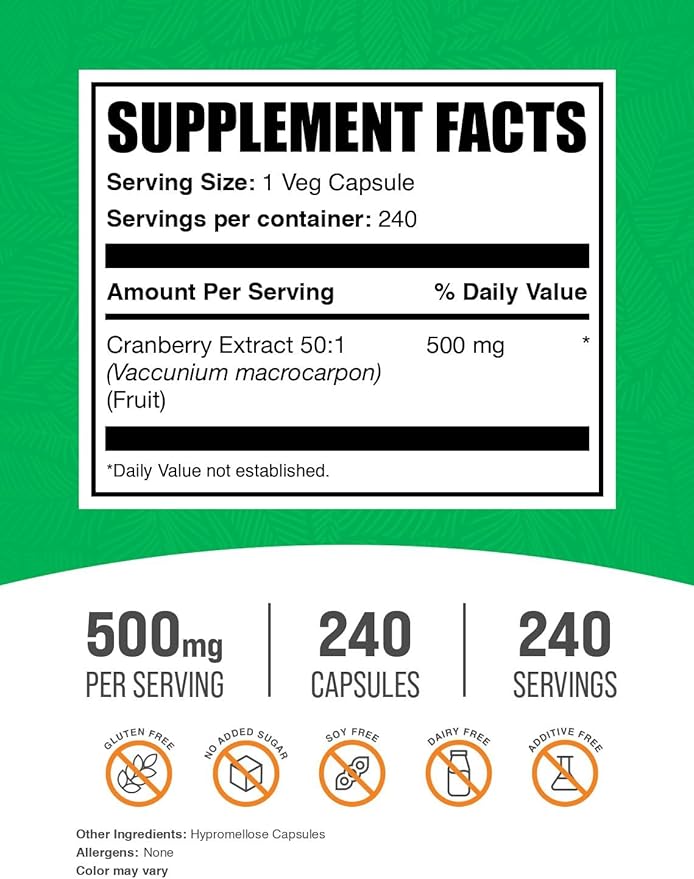 BulkSupplements.com Cranberry Extract Capsules - Cranberry Supplements for Women & Men, Cranberry Extract 500mg - Vegan & Gluten Free, 1 Capsule per Serving, 240 Capsules (Pack of 1)