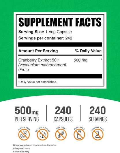 BulkSupplements.com Cranberry Extract Capsules - Cranberry Supplements for Women & Men, Cranberry Extract 500mg - Vegan & Gluten Free, 1 Capsule per Serving, 240 Capsules (Pack of 1)