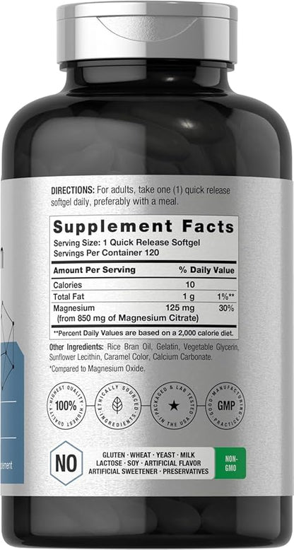 Horbäach Magnesium Citrate | 850mg | 120 Softgels | Superior Absorption | Non-GMO and Gluten Free Formula