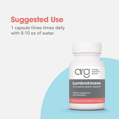 Allergy Research Group Lumbrokinase Supplement - Circulatory System Support, Supports Blood Circulation Already in The Normal Range - 30 Delayed Release Vegetarian Capsules