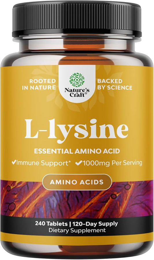 Natures Craft L Lysine 1000mg per Serving Nutritional Supplements - L-lysine Essential Amino Acids for Eye Health Lip Care Bone Support Immune System Muscle Growth and Vegetarian Collagen 240 Tablets