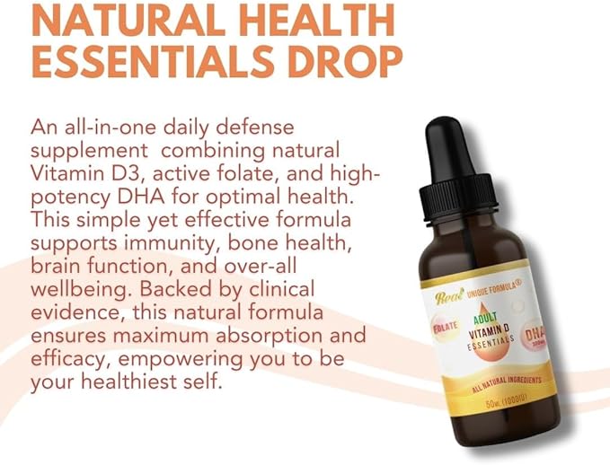 Unique Formula® Adults Health Essentials Drops - Liquid Natural Vitamin D3 Supplement, DHA Omega 3, Folate, Supports Heart, Brain, Eyes & Joint Health Supplement for The Whole Family