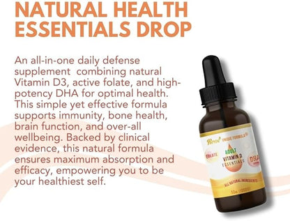 Unique Formula® Adults Health Essentials Drops - Liquid Natural Vitamin D3 Supplement, DHA Omega 3, Folate, Supports Heart, Brain, Eyes & Joint Health Supplement for The Whole Family