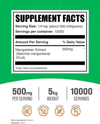 BulkSupplements.com Mangosteen Extract Powder - Superfood Supplement, from Mangosteen Fruit, Mangosteen Powder - Gluten Free, 500mg per Serving, 5kg (11 lbs) (Pack of 5)