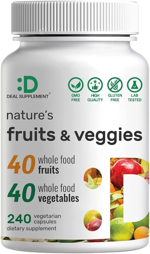 Nature’s Fruits & Veggies Supplement, 240 Veggie Capsules – 80 Whole Food Superfoods for Daily Balance – 40 Fruits with 40 Vegetables and Greens – Non-GMO, Gluten Free