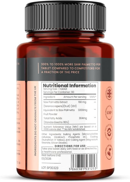 pureclinica High Potency Saw Palmetto x 90 Tablets - 160mg of 20:1 Saw Palmetto Extract per Tablet - Equivalent to 3200mg - 3 Months Supply - 95% Fatty Acids