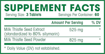 Milk Thistle - 180 Count - Standardized Silymarin Extract for Maximum Liver Support - Detox, Cleanse & Maintain Your Liver – 1350 mg Extract & Seed Complex - Natural Herbal Supplement - 60 Servings