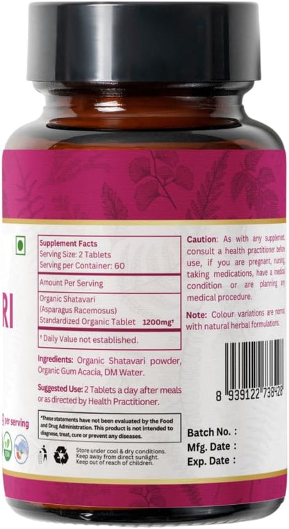 SHATAVARI 120 Tablets | Asparagus Racemosus (Shatavari) | USDA Organic Certified | Supports Women’s Health and Immune System | Organic and Natural120tab