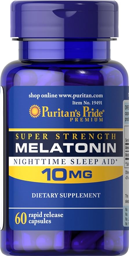 Puritan's Pride Premium Super Strength Melatonin 10mg Sleep Aid, Dietary Supplement for Sound, Restful, and Longer Sleep Support, 2 Month Supply, 60 Rapid Release Capsules