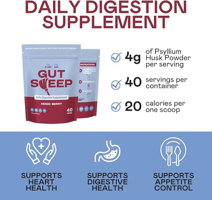 Gut Sweep - Daily Digestion Supplement - Psyllium Husk Fiber - Supports Appetite Control - Gluten Free & Plant Based - Keto & Paleo Friendly - 40 Servings - Mixed Berry