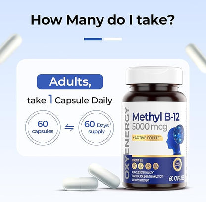 OxyEnergy Methyl Vitamin B12 5000mcg, Extra Strength Methylcobalamin B-12 Supplements with Folate, Support Nerves, Energy Metabolism & Cognitive,60 Capsules