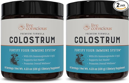 Live Conscious Colostrum Powder - Grass Fed Bovine Colostrum Supplement with Lactoferrin for Iron Absorption - Immune System Supplement (2-Pack)