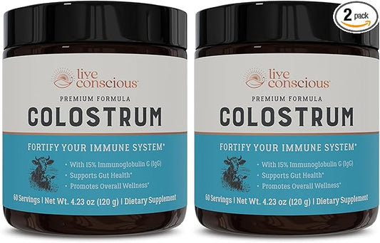 Live Conscious Colostrum Powder - Grass Fed Bovine Colostrum Supplement with Lactoferrin for Iron Absorption - Immune System Supplement (2-Pack)