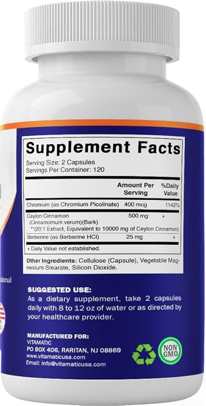 Vitamatic Ceylon Cinnamon 10000 mg Equivalent Per Serving (from 20:1 Extract 500 mg) with Berberine & Chromium - 240 Vegetable Capsules - Non-GMO & Gluten Free