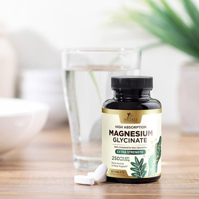 Magnesium Glycinate 250 mg, 100% Chelated Magnesium Supplement - High Absorption Magnesium for Muscle, Heart, Bone and Nerve Health Support, Nature's Gluten Free, Vegan, Non-GMO Capsules - 60 Count