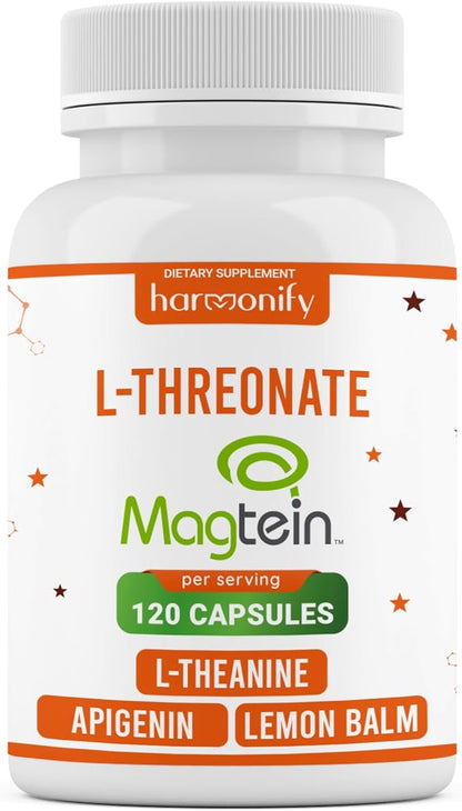 Magtein Magnesium L Threonate Supplement with L Theanine, Lemon Balm and Apigenin, High Absorption 120 Purified Veggie Capsules, 1400 mg, Gluten Free, Non-GMO, Vegetarian