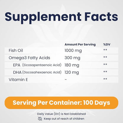 Fish Oil 1000 mg Softgels, 300 mg Omega 3 Supplements, 200 Softgels, 100 Days Supply