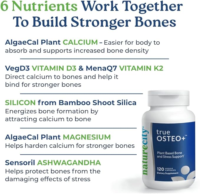 NatureCity True-Osteo+ for Bone Strength & Density | Plant Based Calcium Supplement with Organic AlgaeCal Calcium & Magnesium, Vitamin D3, K2, Silicon & Stress Support | 360 Veggie Capsules