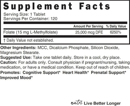 Nature's Fusions Nutri 5-MTHF L Methylfolate 15MG - 4 Month Supply, 120 Vegan Tablets - Methylated Folate Supplement - Cognitive Function, Heart Health, Prenatal Support - Methylated Folic Acid