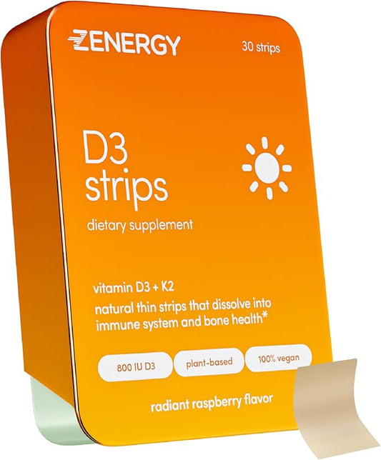 ZENERGY D3 Oral Strips - Raspberry Flavor | 800 IU Vitamin D3 + 120mcg Vitamin K | 100% Vegan, 0 Sugar, 0 Calories, 0 Gluten, 0 Aspartame, Non-GMO, Plant-Based, Instant Action | 1 Tin = 30 Strips