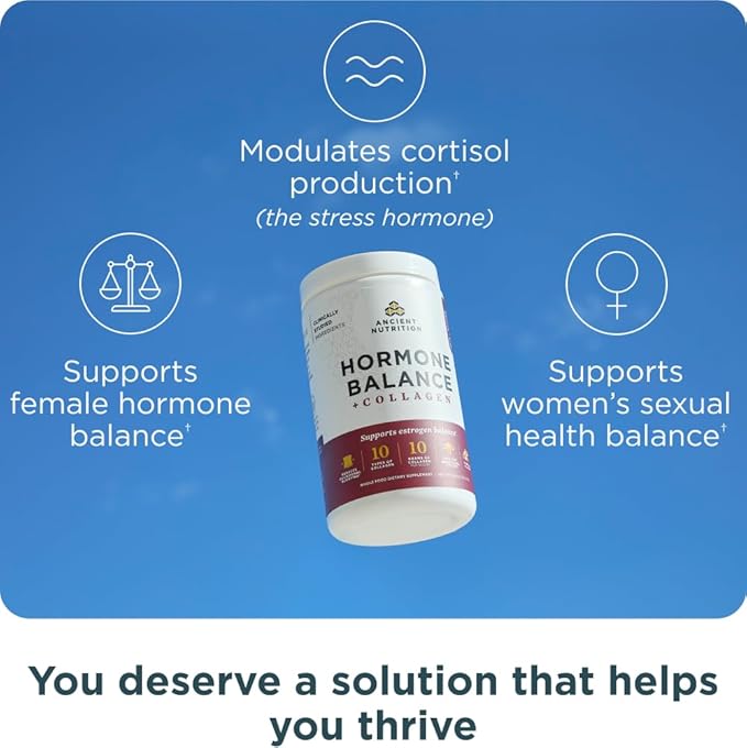 Ancient Nutrition Hormone Balance + Collagen Powder Supplement, Hydrolyzed Collagen Peptides, Key Clinically Validated Ingredient to Support Balanced Hormones and Boost Energy, Vanilla, 25 Servings