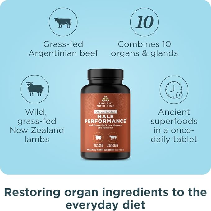 Ancient Nutrition Organ Supplements for Men, Once Daily Grass-Fed and Wild Organ Complex Capsules, Liver, Prostate, Pancreas Supports Male Performance, Healthy Aging, 30 Ct