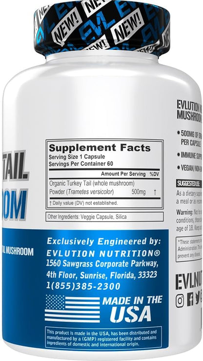 Evlution Nutrition Turkey Tail Mushroom - 500mg Organic Turkey Tail Mushroom per Capsule - Immune Support - Dietary Supplement - Vegan & Non-GMO - 60 Servings - 60 Capsules