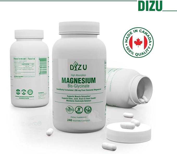 Dizu - Magnesium Bisglycinate 200 mg, Pure Elemental Chelated Complex, Supports Sleep, Muscle, Bone, Heart & Energy Metabolism, with Glycine & Oxide, Vegetable Capsules