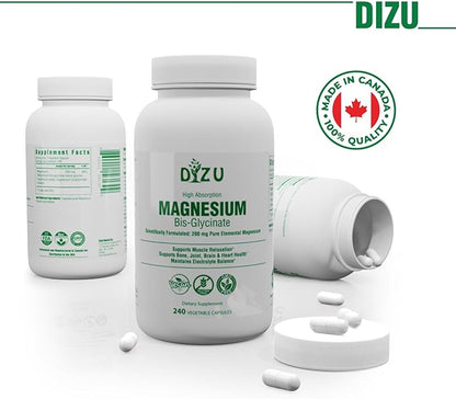 Dizu - Magnesium Bisglycinate 200 mg, Pure Elemental Chelated Complex, Supports Sleep, Muscle, Bone, Heart & Energy Metabolism, with Glycine & Oxide, Vegetable Capsules