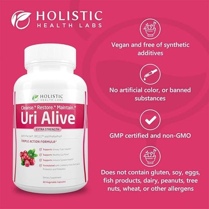 Uri Alive Extra Strength Urinary Support Supplement for Urinary Tract, Bladder, Gut Flora, and Immune System Health (60 Count (Pack of 3))