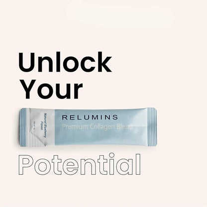 Relumins Marine Collagen Powder Drink Mix - Collagen Peptide with Glutathione, Green Tea, CoQ10, & Hyaluronic Acid Boosts Smooth Glowing Skin - 10 Powder Sachets x Blueberry Flavored