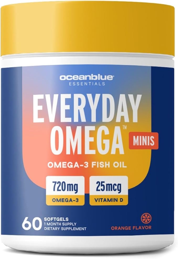 Oceanblue Essentials Everyday Omega Minis – 60ct – Burpless Fish Oil with Vitamin D3 – for Heart and Immune Support – Easy to Swallow Mini Softgels – Tasty Orange Flavor – 1 Month Supply