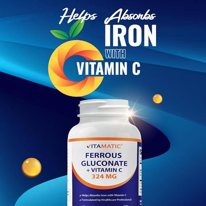 Vitamatic Ferrous Gluconate 324 mg + Vitamin C 100 mg (65 mg Elemental Iron) – High Potency Iron Supplement – Gentle on Stomach, No Artificial Colors – 250 Coated Tablets, Made in USA