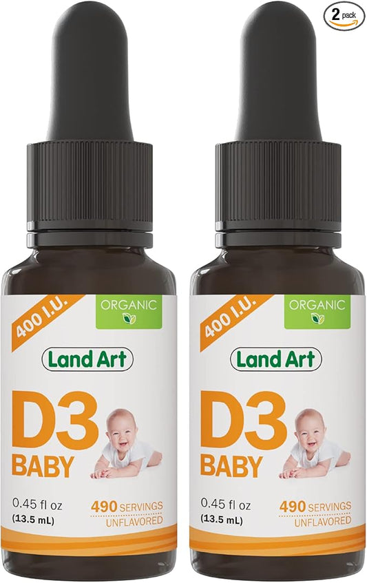 Certified Organic Vitamin D3 Drops - for Baby - 400 IU per Drop - 490 Servings - Development and Maintenance of Bones and Teeth - GMO Free - Gluten Free – 0.45 fl oz (13.5 ml) - Pack of 2