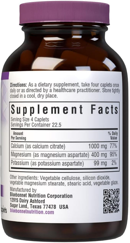 Bluebonnet Calcium Magnesium Potassium Supplement for Women & Men - Supports Healthy Bones - Calcium 1000mg Mineral Supplement Chelate Form - Non-GMO, Vegan, Gluten-Free – 90 Caplets