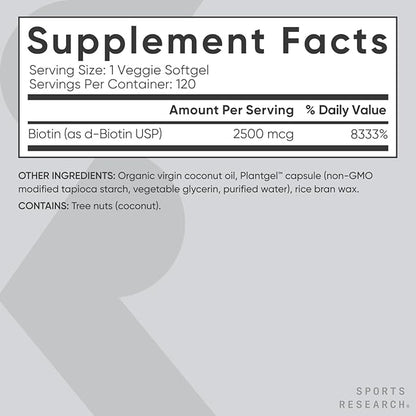 Sports Research Extra Strength Vegan Biotin (Vitamin B) Supplement with Organic Coconut Oil - Supports Keratin for Healthier Hair & Skin - Great for Women & Men - 2,500mcg, 120 Veggie Softgel Capsules