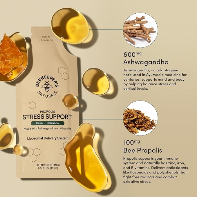 Ashwagandha Liposomal Stress Support by Beekeeper's Naturals, 600mg with Propolis, L-Theanine, Anti-Stress Support for Calm & Relaxation, 10ct