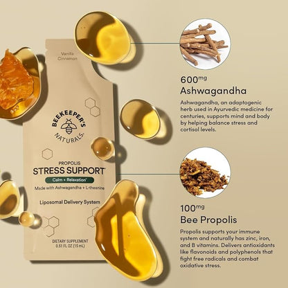 Ashwagandha Liposomal Stress Support by Beekeeper's Naturals, 600mg with Propolis, L-Theanine, Anti-Stress Support for Calm & Relaxation, 30ct