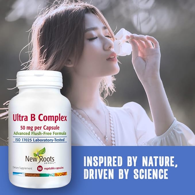 New Roots | Ultra Vitamin B Supplement (50mg) Contains Vitamin B6, B12, Biotin, Advanced Flush Free Formula (90 Veg Caps)