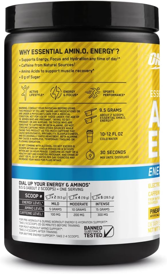 Optimum Nutrition Amino Energy Powder Plus Hydration, with BCAA, Electrolytes, and Caffeine, Pineapple Twist, 30 Servings (Packaging May Vary)