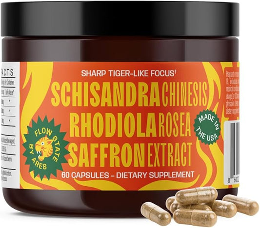 Ares Flow State - Focus, Mood & Stress Relief - Natural Dopamine, Serotonin, Cortisol Supplements for Women and Men with Schisandra Organic, Rhodiola Rosea, Saffron Extract - 60 Capsules
