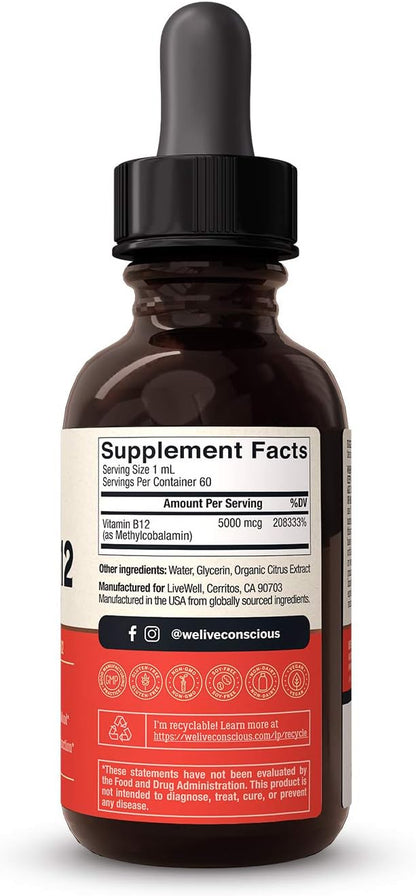 Vegan Vitamin B12 Sublingual Liquid Drops by Live Conscious- Methylcobalamin Max Strength B12 5000mcg Formula - Vegan B 12 Vitamin Support Energy, Promote Memory & Aid Immune System - 60 Serving