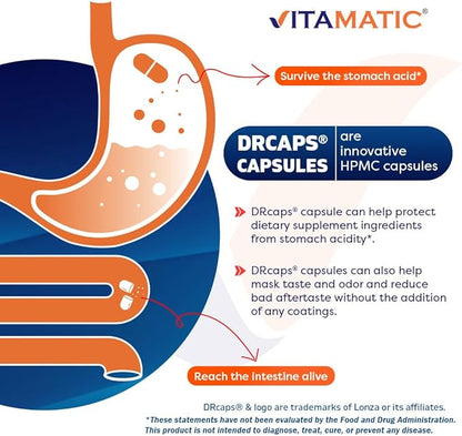 Vitamatic Lactobacillus Reuteri Complex – 22 Billion CFU per Delayed Release Capsule – 60 Capsules – Digestive & Gut Health Support – with Prebiotic Inulin Fiber