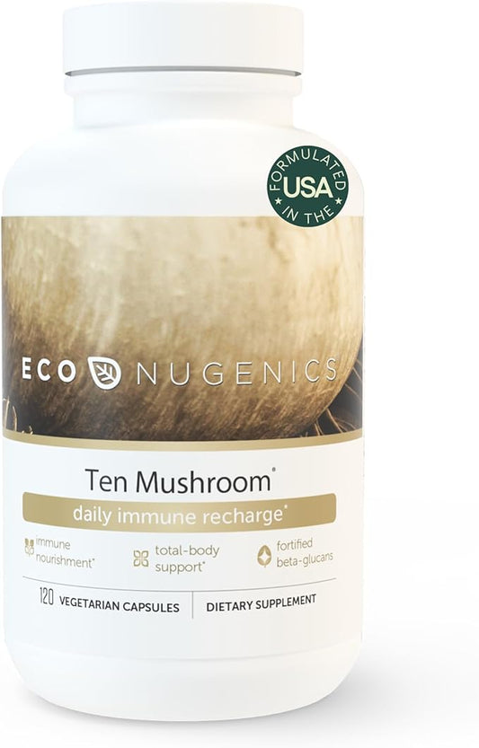 EcoNugenics Ten Mushroom Supplement: Daily Immune Support, 120 Capsules – Lion’s Mane, Reishi, Cordyceps, Turkey Tail, Maitake, Shiitake – Energy, Gut Health, Liver, Kidney & Nootropic Brain Support