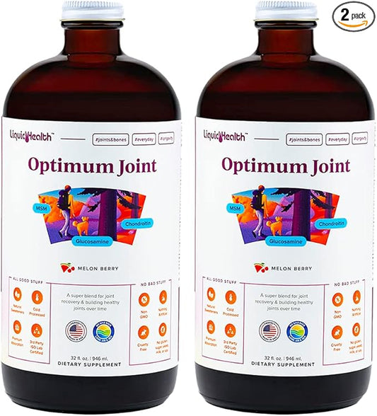 LIQUIDHEALTH Optimum Joint Support Liquid Multivitamin with Glucosamine, Chondroitin, MSM, Hyaluronic Acid - Increase Mobility, Joint Comfort, for Runners & Athletes - Made in USA, Vegan (2 Pack)