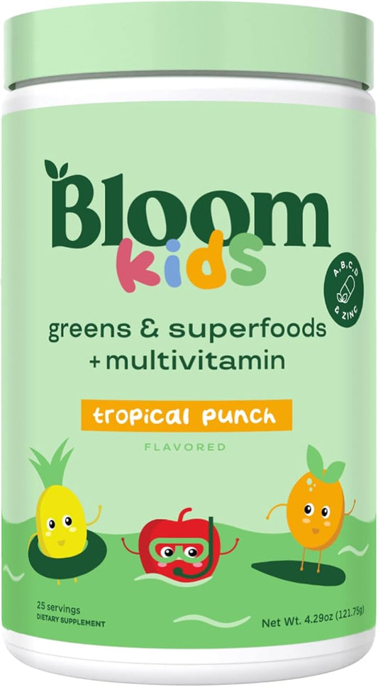 Bloom Nutrition Superfood Greens Powder for Kids, Digestive Enzymes, Probiotics, Prebiotics, Gut Health, Chlorella, Green Juice Mix w/Beet Root Powder (25 Servings (Pack of 1), Tropical Punch)