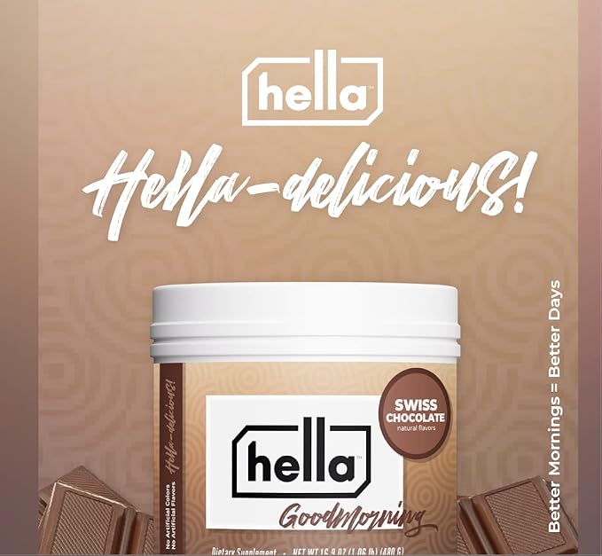 Hella Goodmorning Protein & Collagen Powder Supplement, Vitamins Minerals Electrolytes for Focus, Clarity and Energy - 80 Mg Organic Caffeine- Morning Wake Up Blend Swiss Chocolate Flavor 20 Servings
